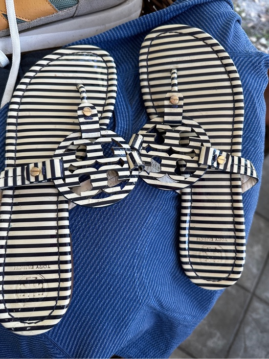 Tory Burch Shoes - Tory Burch Navy and White Striped Logo Slide Sandals